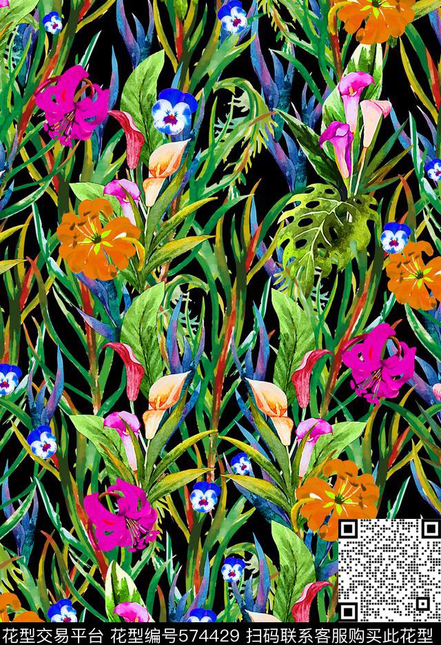热带风情手绘花卉叶子数码印花华亿平台下载（图片编号: 574429） - 瓦栏（Walan）