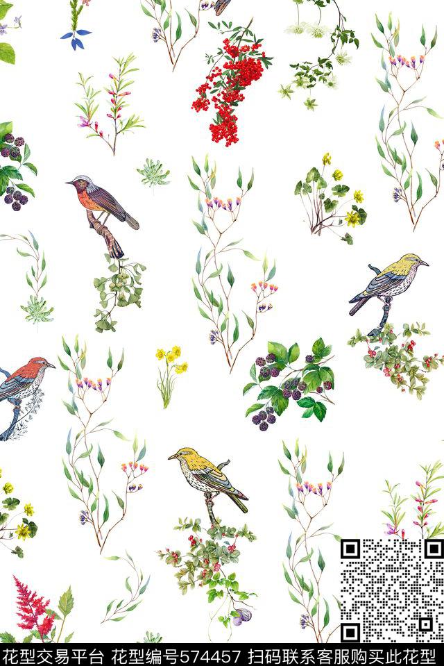 手绘花卉鸟数码印花华亿平台下载（图片编号: 574457） - 瓦栏（Walan）