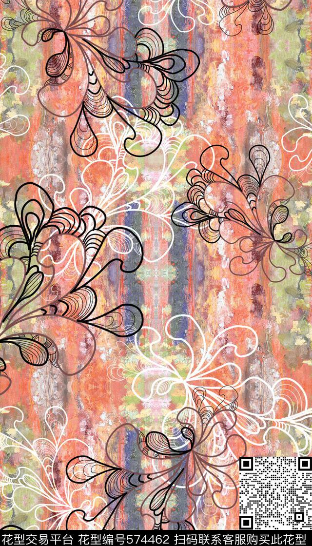 时尚复古花纹油画底数码印花华亿平台下载（图片编号: 574462） - 瓦栏（Walan）