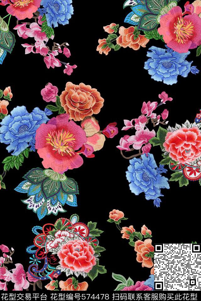 绣花花卉民族风数码印花华亿平台下载（图片编号: 574478） - 瓦栏（Walan）