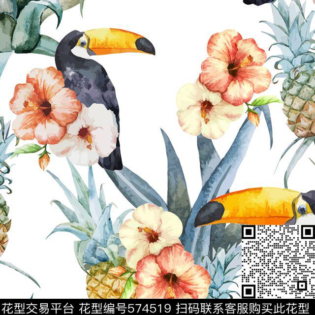 写意鸟类花卉树叶数码印花华亿平台下载（图片编号: 574519） - 瓦栏（Walan）