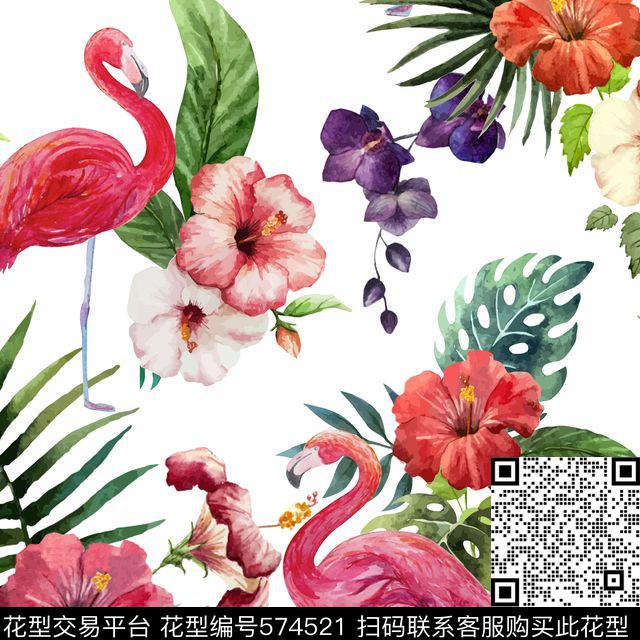 写意鸟类花卉树叶数码印花华亿平台下载（图片编号: 574521） - 瓦栏（Walan）