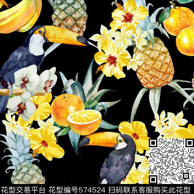 写意鸟类花卉树叶数码印花华亿平台下载（图片编号: 574524） - 瓦栏（Walan）