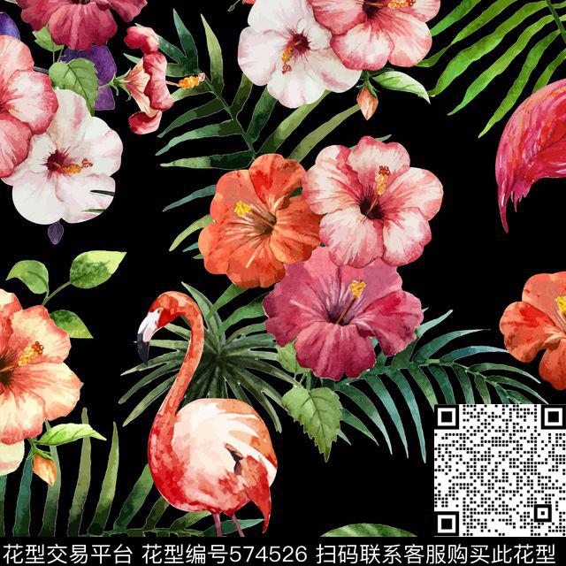 写意鸟树叶花卉数码印花华亿平台下载（图片编号: 574526） - 瓦栏（Walan）