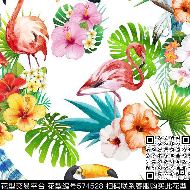 休闲风鸟树叶花卉数码印花华亿平台下载（图片编号: 574528） - 瓦栏（Walan）