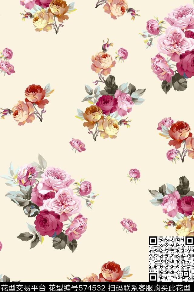 田园风手绘花卉油画传统印花华亿平台下载（图片编号: 574532） - 瓦栏（Walan）