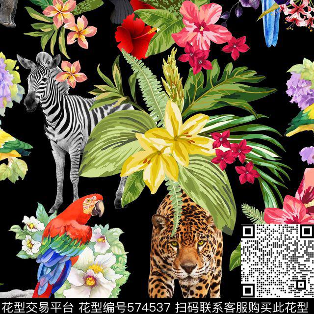 写意动物树叶花卉数码印花华亿平台下载（图片编号: 574537） - 瓦栏（Walan）