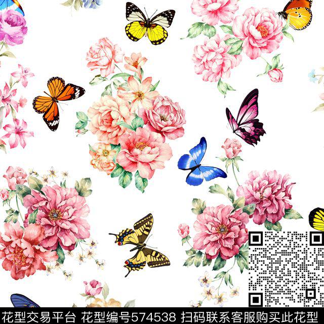 休闲风蝴蝶花卉数码印花华亿平台下载（图片编号: 574538） - 瓦栏（Walan）