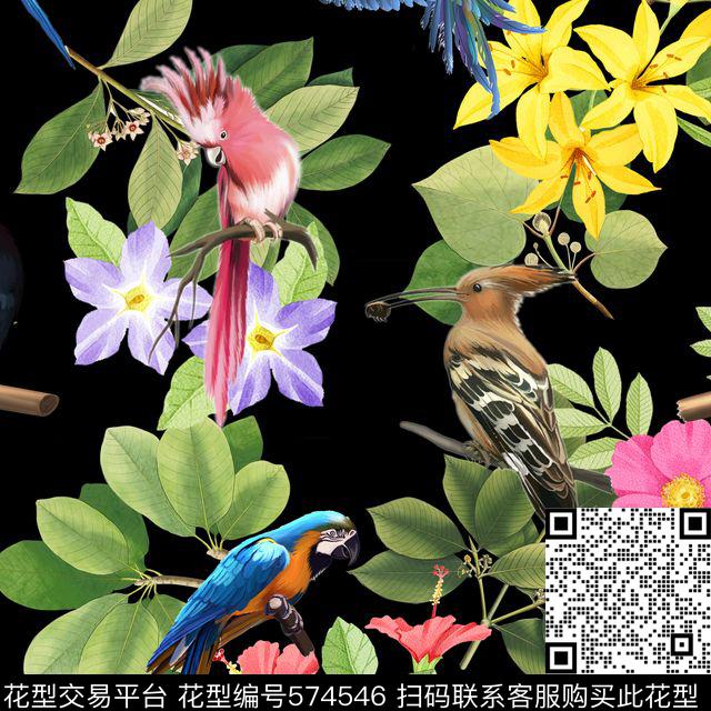 写意鸟树叶花卉数码印花华亿平台下载（图片编号: 574546） - 瓦栏（Walan）
