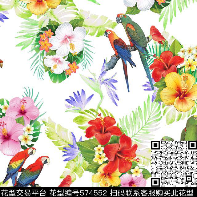 写意鸟树叶花卉数码印花华亿平台下载（图片编号: 574552） - 瓦栏（Walan）