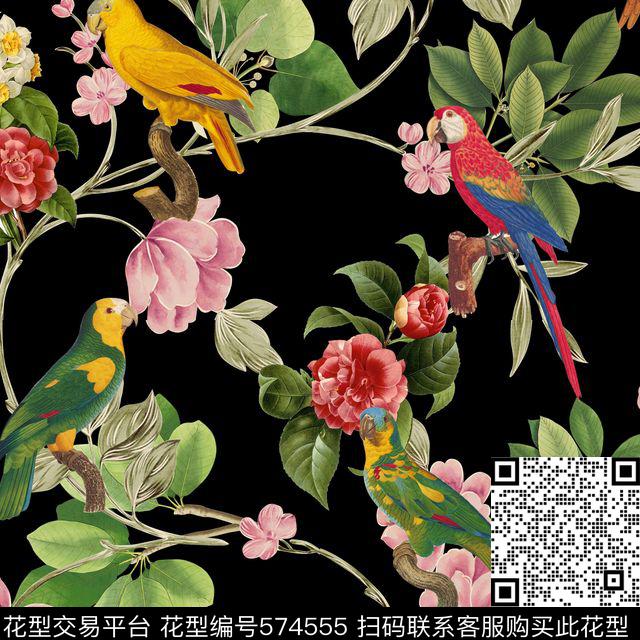 写意鸟树叶花卉数码印花华亿平台下载（图片编号: 574555） - 瓦栏（Walan）
