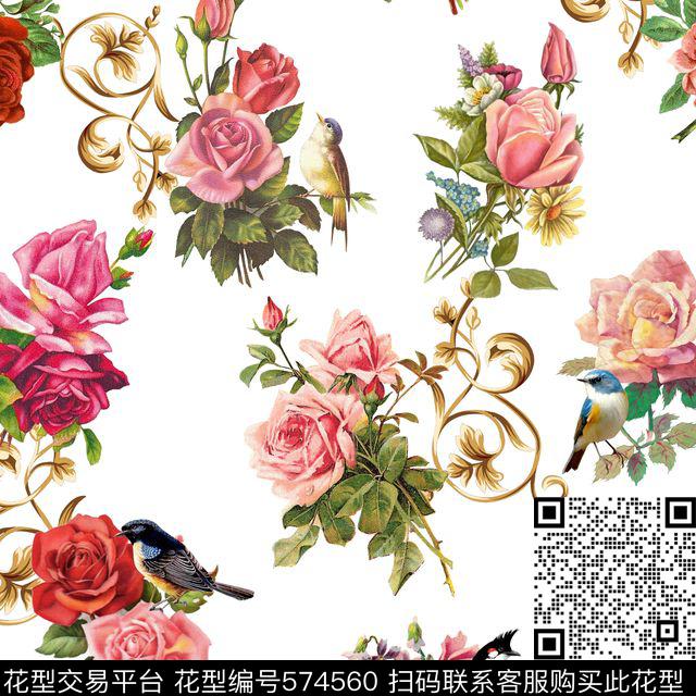 休闲风鸟树叶花卉数码印花华亿平台下载（图片编号: 574560） - 瓦栏（Walan）