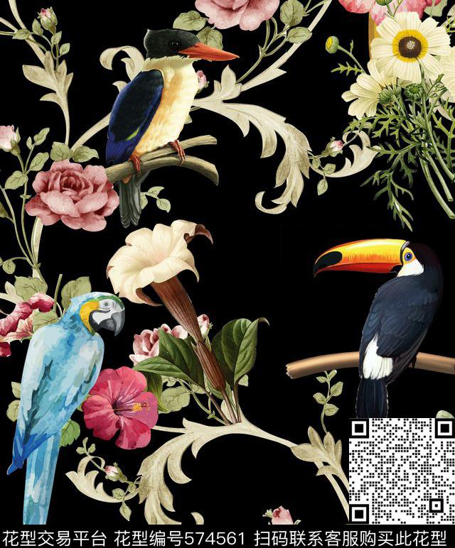 写意鸟树叶花卉数码印花华亿平台下载（图片编号: 574561） - 瓦栏（Walan）