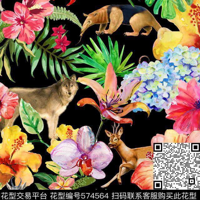 写意动物树叶花卉数码印花华亿平台下载（图片编号: 574564） - 瓦栏（Walan）