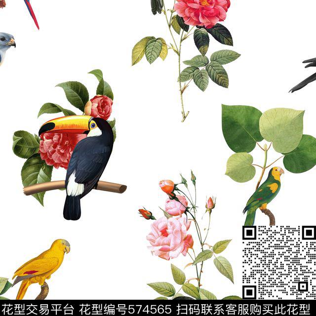 休闲风鸟邮票花卉数码印花华亿平台下载（图片编号: 574565） - 瓦栏（Walan）