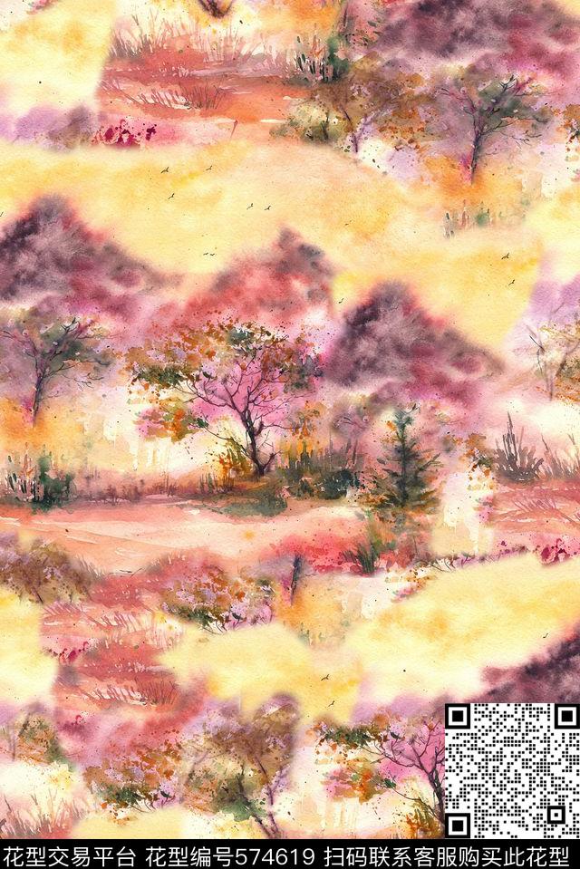 森林时尚大牌欧美风格水彩油画数码印花华亿平台下载（图片编号: 574619） - 瓦栏（Walan）
