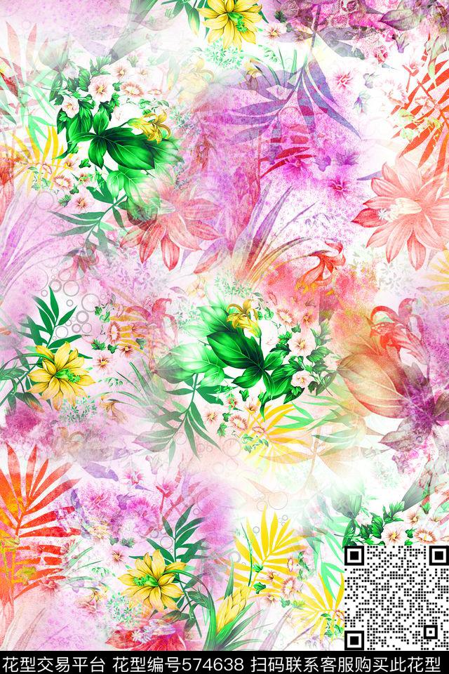 创意抽象水彩花花数码印花华亿平台下载（图片编号: 574638） - 瓦栏（Walan）