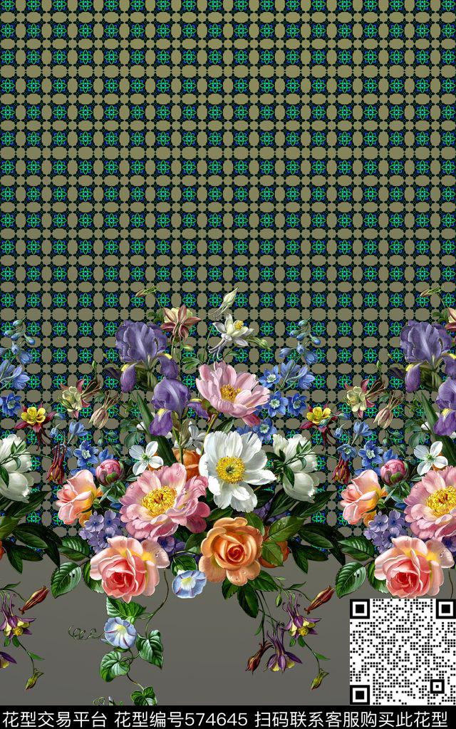 时尚格子花卉数码印花华亿平台下载（图片编号: 574645） - 瓦栏（Walan）