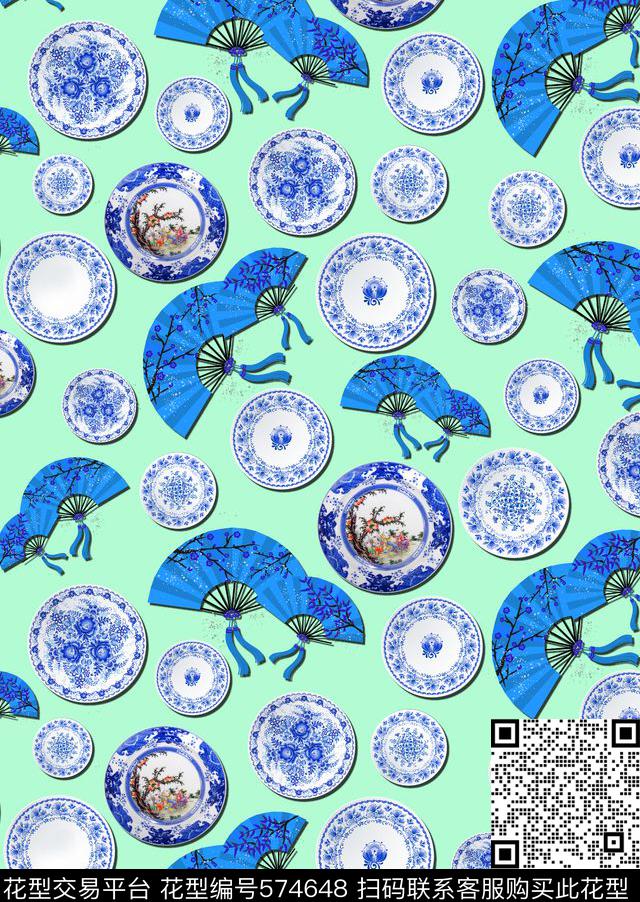 中国风休闲中国风青花瓷瓷盘折扇华亿平台图案数码印花华亿平台下载（图片编号: 574648） - 瓦栏（Walan）