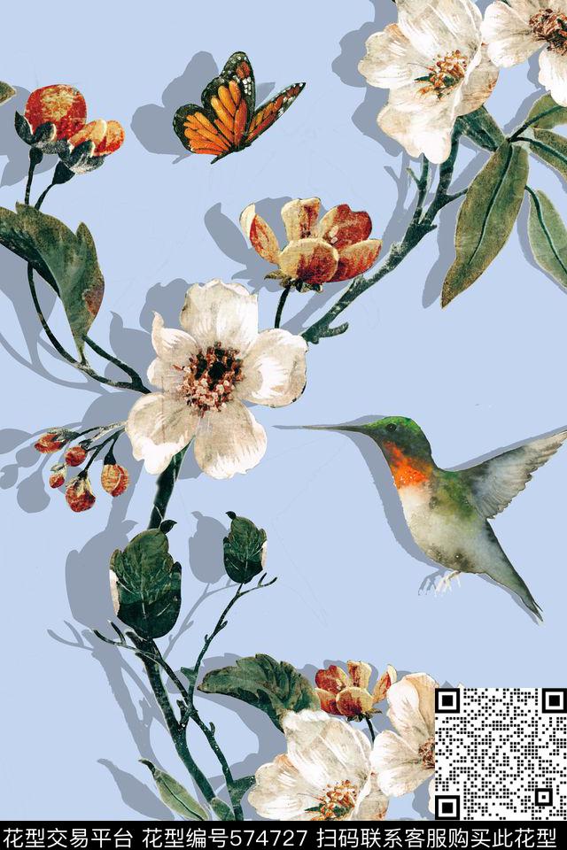 时尚复古花卉小鸟数码印花华亿平台下载（图片编号: 574727） - 瓦栏（Walan）