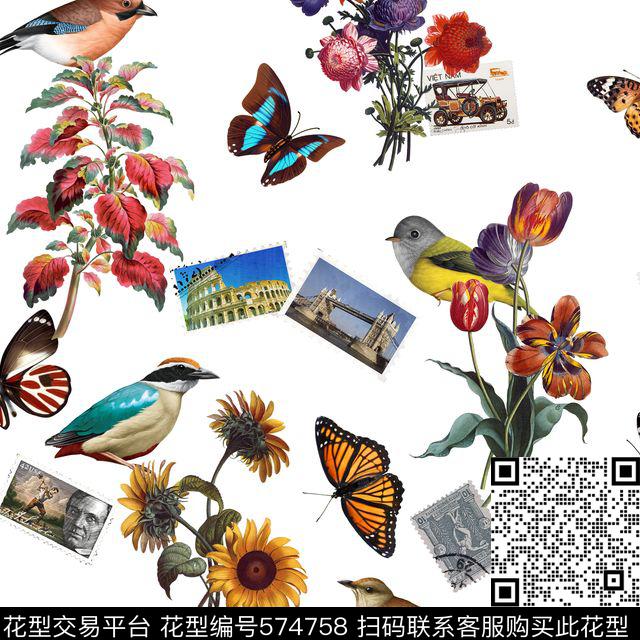 休闲风花鸟邮票数码印花华亿平台下载（图片编号: 574758） - 瓦栏（Walan）