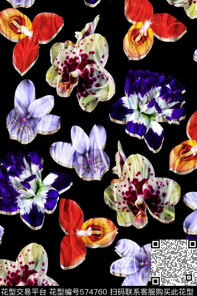 纯色底花卉复古数码印花华亿平台下载（图片编号: 574760） - 瓦栏（Walan）