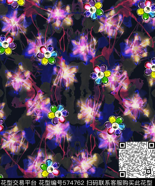 迷幻神秘未来感钻石花钻石珠宝水墨水彩笔触笔刷泼墨叠加数码印花华亿平台下载（图片编号: 574762） - 瓦栏（Walan）