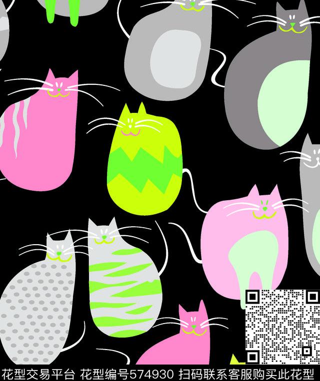 动物猫咪手绘猫传统印花华亿平台下载（图片编号: 574930） - 瓦栏（Walan）