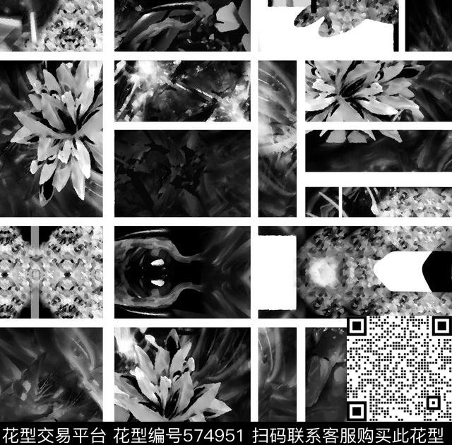 2016时尚大牌黑白色系植物几何拼贴数码印花华亿平台下载（图片编号: 574951） - 瓦栏（Walan）