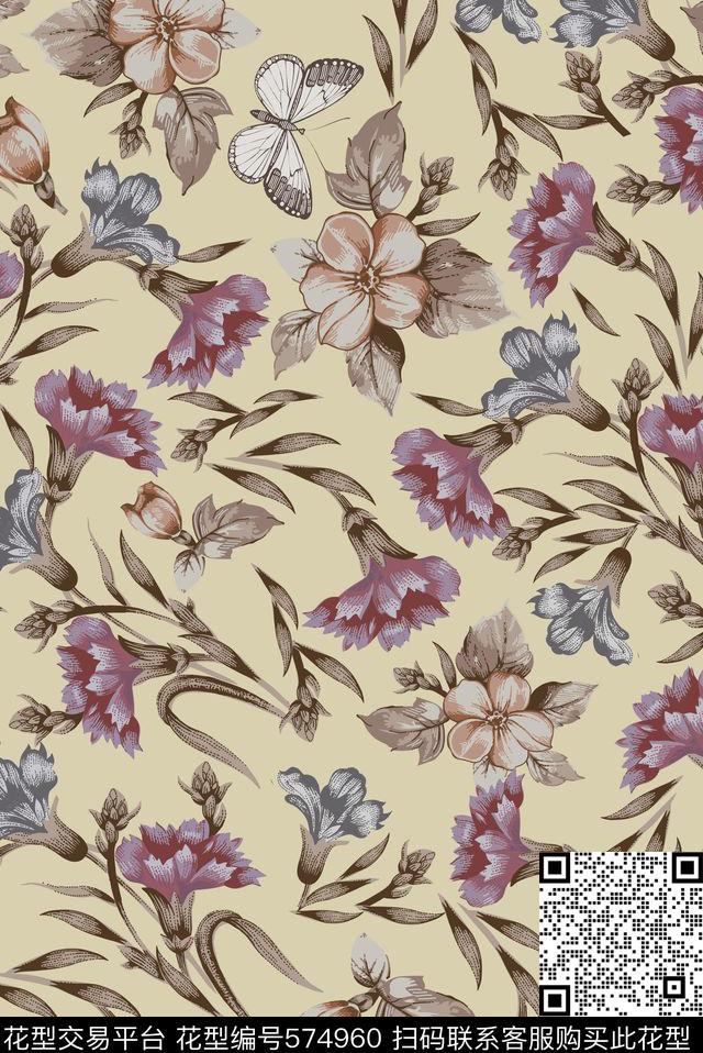 田园花卉蝴蝶传统印花华亿平台下载（图片编号: 574960） - 瓦栏（Walan）