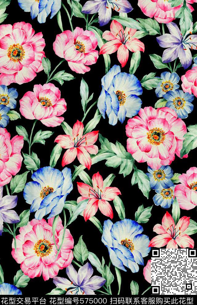 手绘大花女装数码印花华亿平台下载（图片编号: 575000） - 瓦栏（Walan）