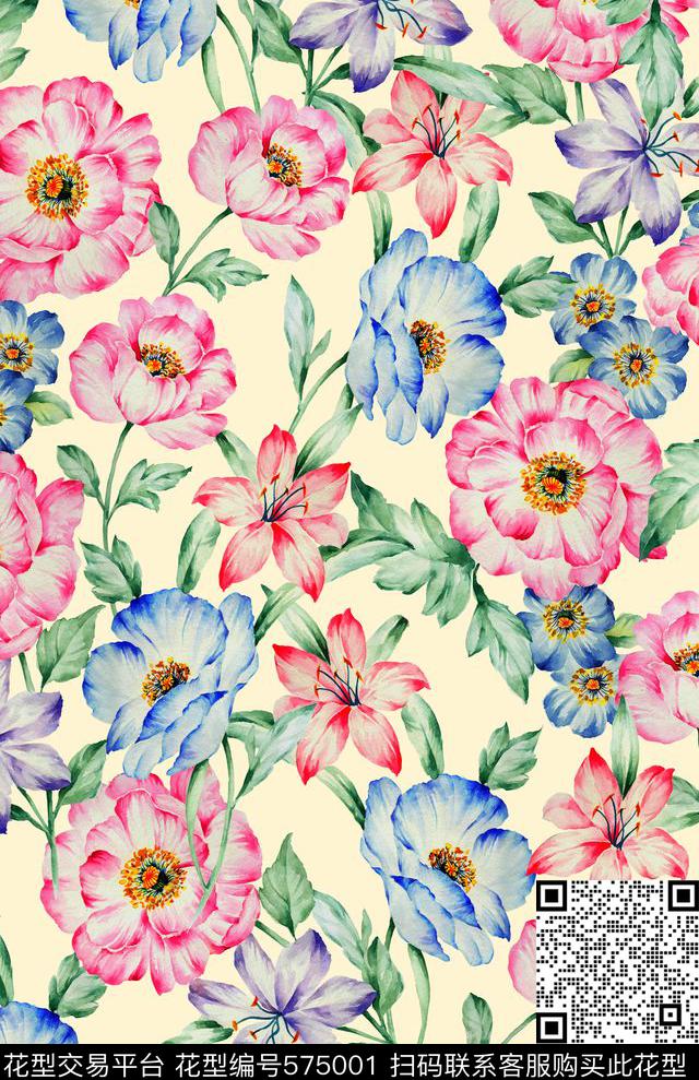 手绘大花女装数码印花华亿平台下载（图片编号: 575001） - 瓦栏（Walan）