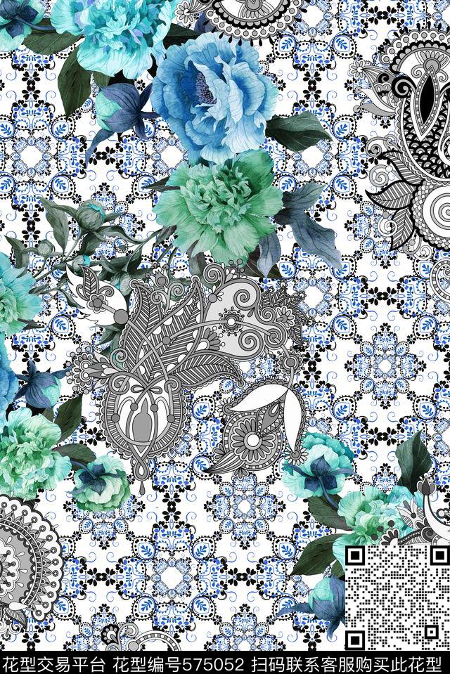 花卉几何佩里斯数码印花华亿平台下载（图片编号: 575052） - 瓦栏（Walan）