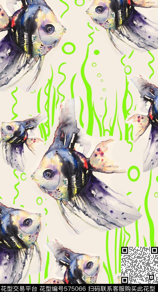 鱼儿自在飘手绘热带鱼围巾家纺数码印花华亿平台下载（图片编号: 575066） - 瓦栏（Walan）