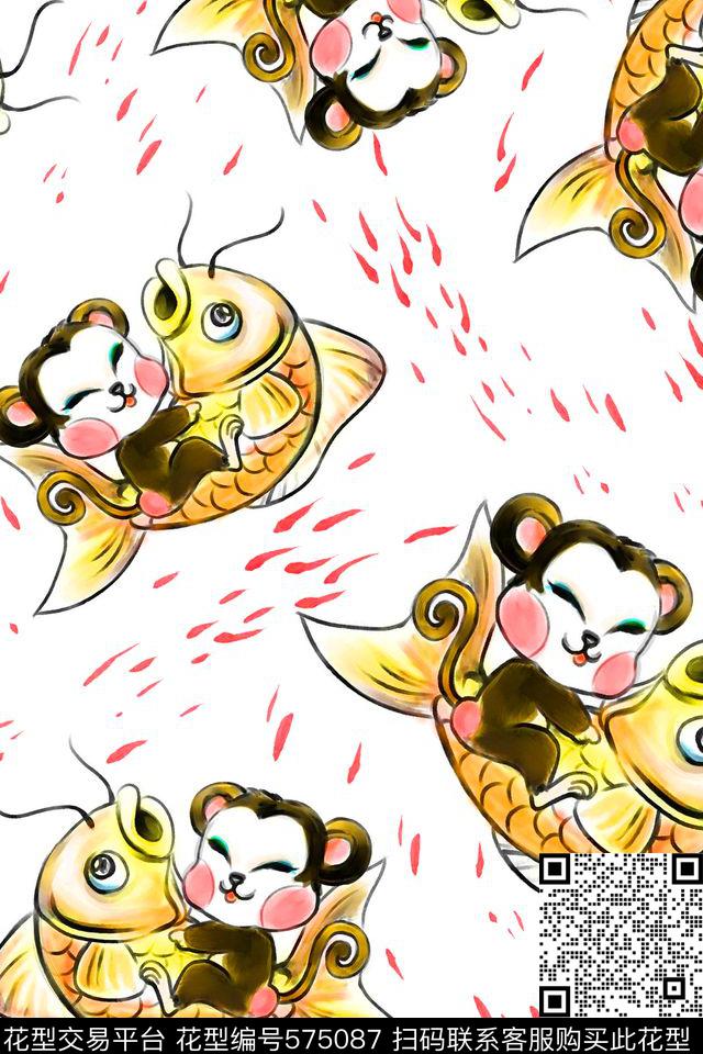 猴子金鱼水墨鱼数码印花华亿平台下载（图片编号: 575087） - 瓦栏（Walan）