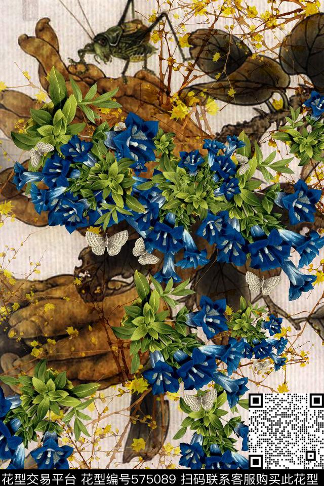 中国风花卉连衣裙数码印花华亿平台下载（图片编号: 575089） - 瓦栏（Walan）