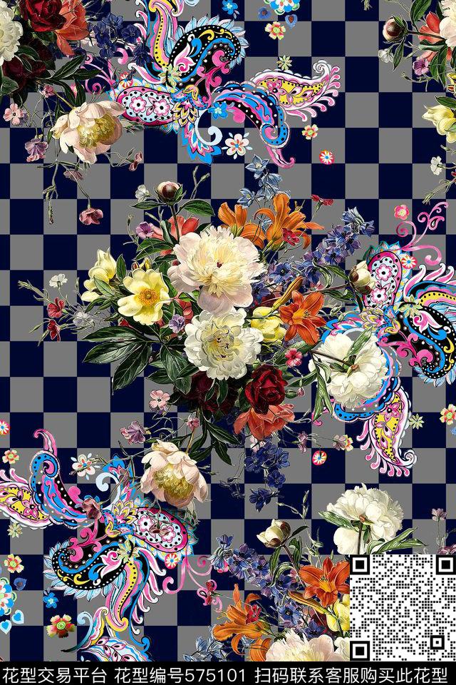 时尚花卉佩斯利腰果数码印花华亿平台下载（图片编号: 575101） - 瓦栏（Walan）