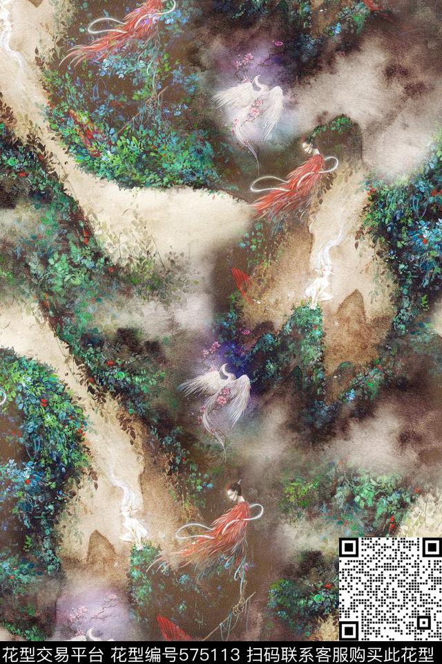 绿叶插画女子孔雀数码印花华亿平台下载（图片编号: 575113） - 瓦栏（Walan）