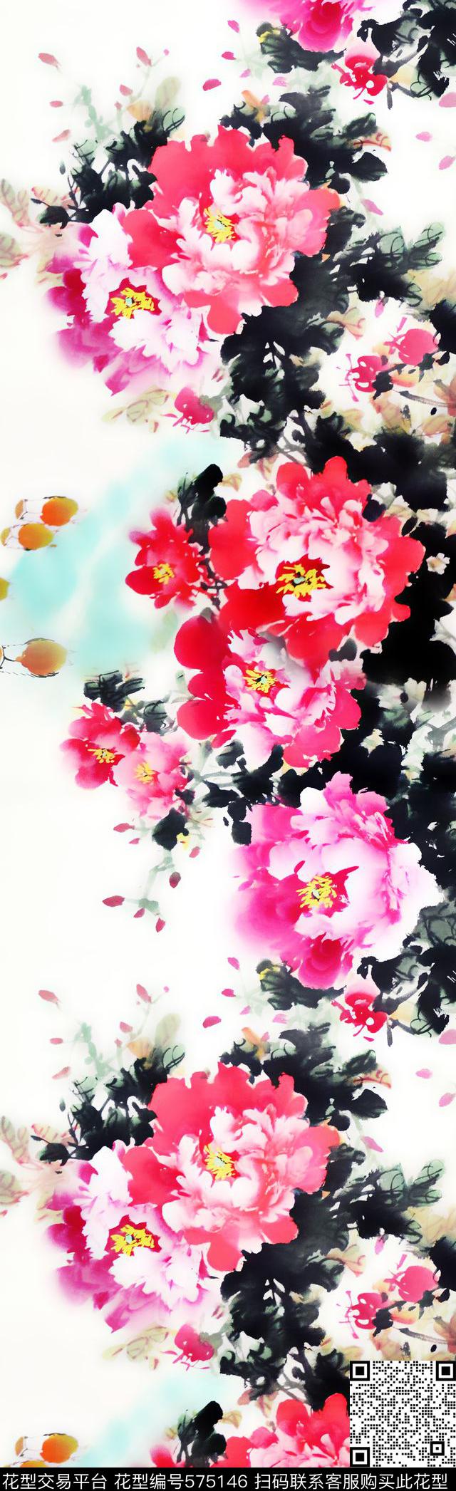 手绘中国风国画数码印花华亿平台下载（图片编号: 575146） - 瓦栏（Walan）