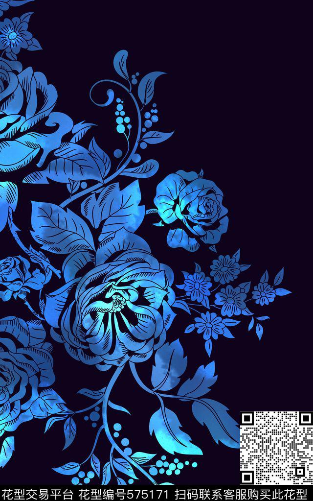 花卉玫瑰花靛蓝传统印花华亿平台下载（图片编号: 575171） - 瓦栏（Walan）