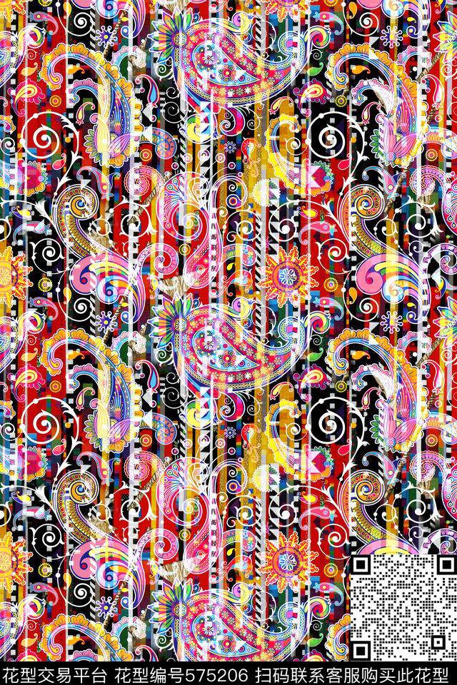 抽象花卉几何色块水彩条纹火腿花佩斯里纹样民族风华亿平台数码印花华亿平台下载（图片编号: 575206） - 瓦栏（Walan）