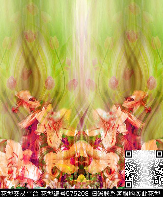 潮流时尚花卉炫彩花卉百合抽象彩色背景裙装华亿平台（二方连续）数码印花华亿平台下载（图片编号: 575208） - 瓦栏（Walan）
