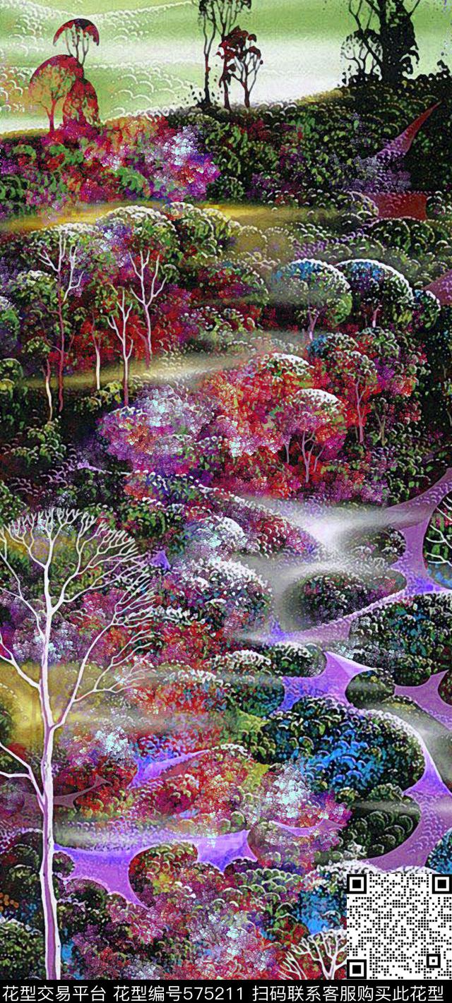 潮流时尚抽象彩色抽象深林树木旗袍裙装定位华亿平台数码印花华亿平台下载（图片编号: 575211） - 瓦栏（Walan）