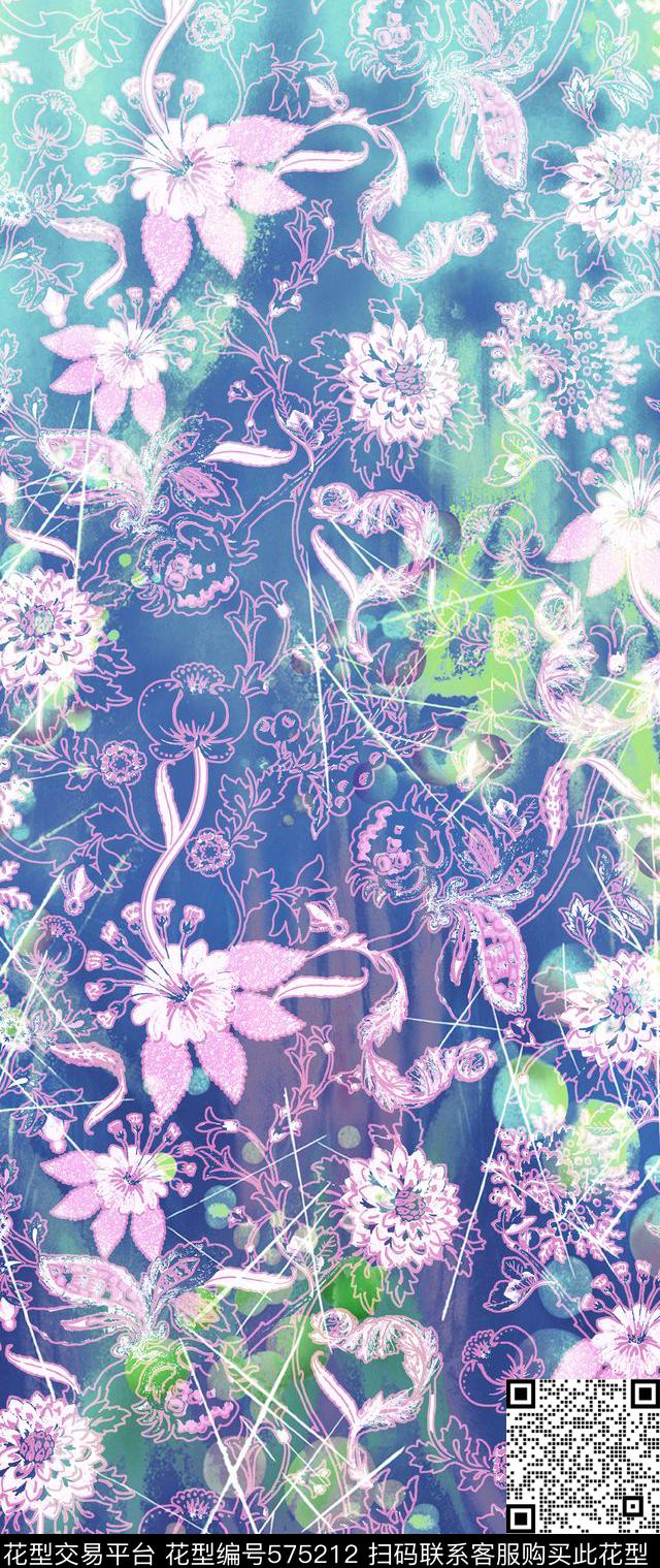 复古风古典复古蓝色花纹抽象底纹裙装旗袍华亿平台（2方连续）花卉数码印花华亿平台下载（图片编号: 575212） - 瓦栏（Walan）