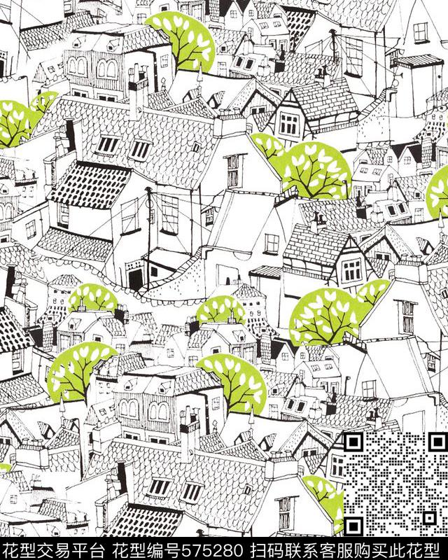 数码印花建筑风景房子肌理传统印花华亿平台下载（图片编号: 575280） - 瓦栏（Walan）