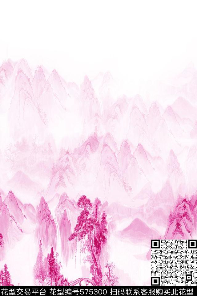 数码印花水墨风景民族数码印花华亿平台下载（图片编号: 575300） - 瓦栏（Walan）