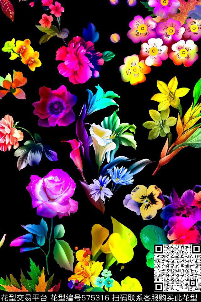 纯色底花卉复古数码印花华亿平台下载（图片编号: 575316） - 瓦栏（Walan）