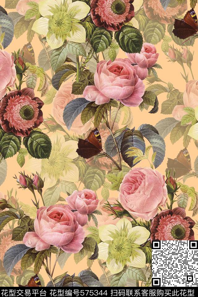春夏华亿平台大花卉复古数码印花华亿平台下载（图片编号: 575344） - 瓦栏（Walan）