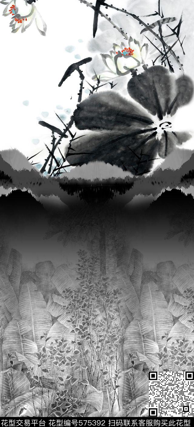 数码印花水墨荷花风景肌理数码印花华亿平台下载（图片编号: 575392） - 瓦栏（Walan）