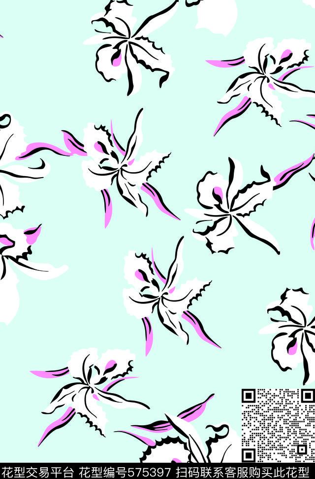 纯色时尚手绘花传统印花华亿平台下载（图片编号: 575397） - 瓦栏（Walan）